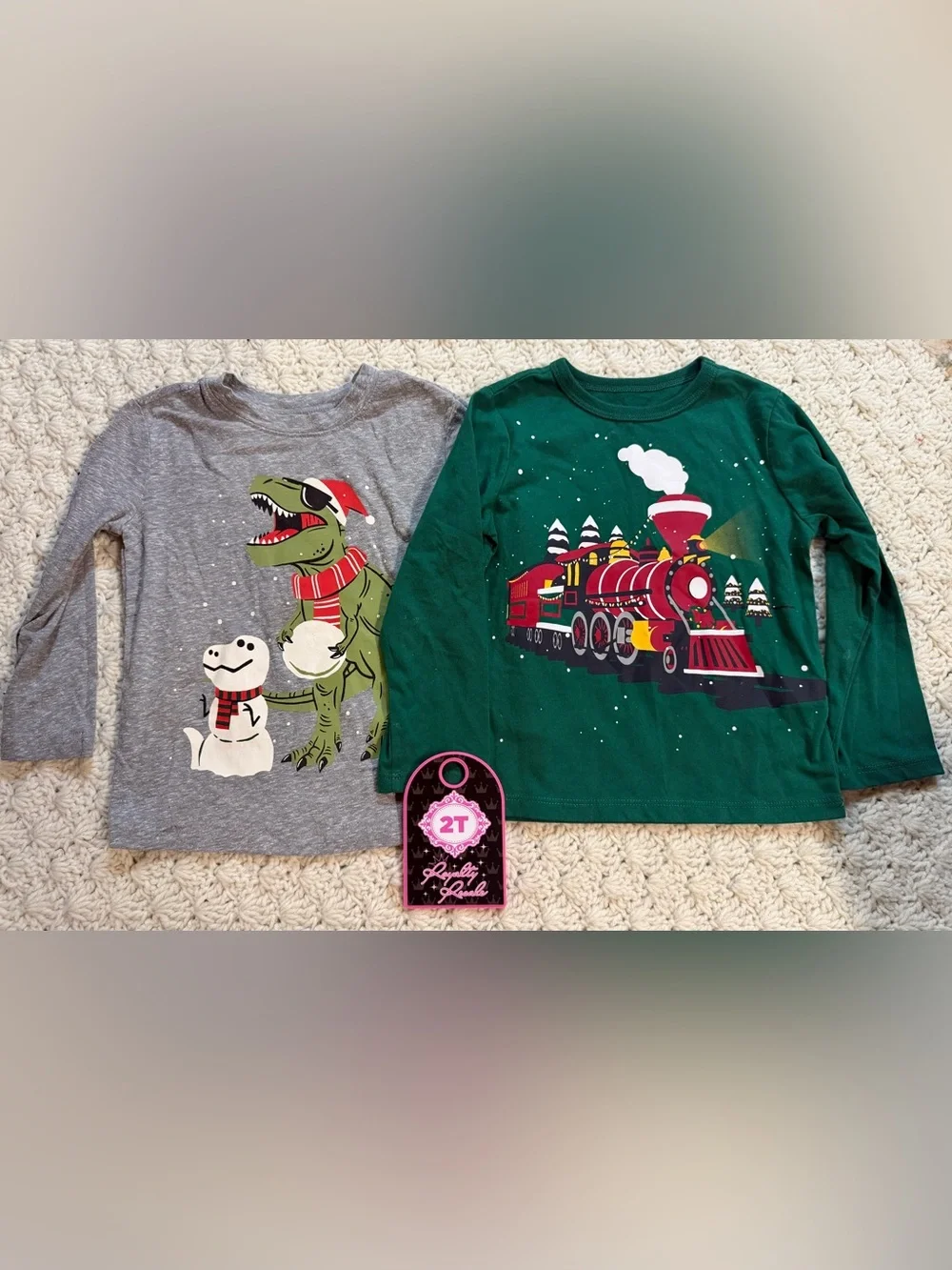 The Children's Place Green & Gray Holiday Train and Dino Long-Sleeve Tee Set